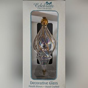 Clear Iridescent and Gold 6.5" Mouth Blown Glass Christmas Holiday Tree Ornament